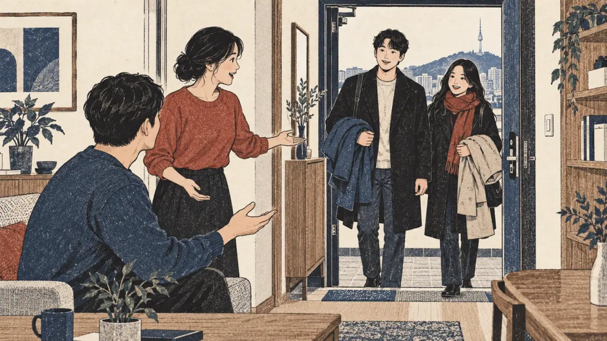 Two hosts talk as a visitor and their friend arrive together.