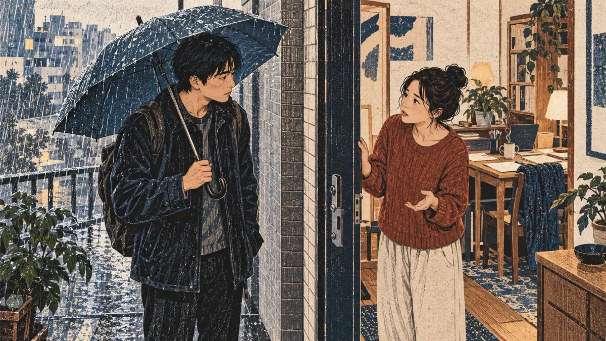 Friends discuss a reason for staying home at a rainy Seoul apartment doorway.