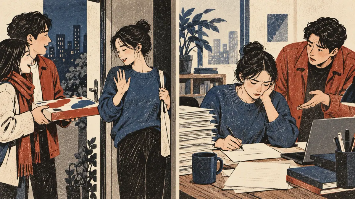 A friend declines an invitation; a busy desk reveals the reason.