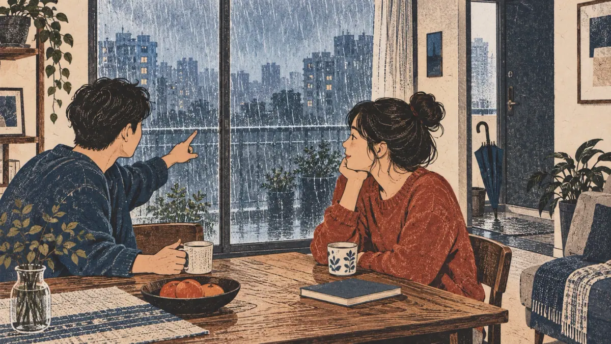 Two friends discuss staying home while heavy rain falls outside.