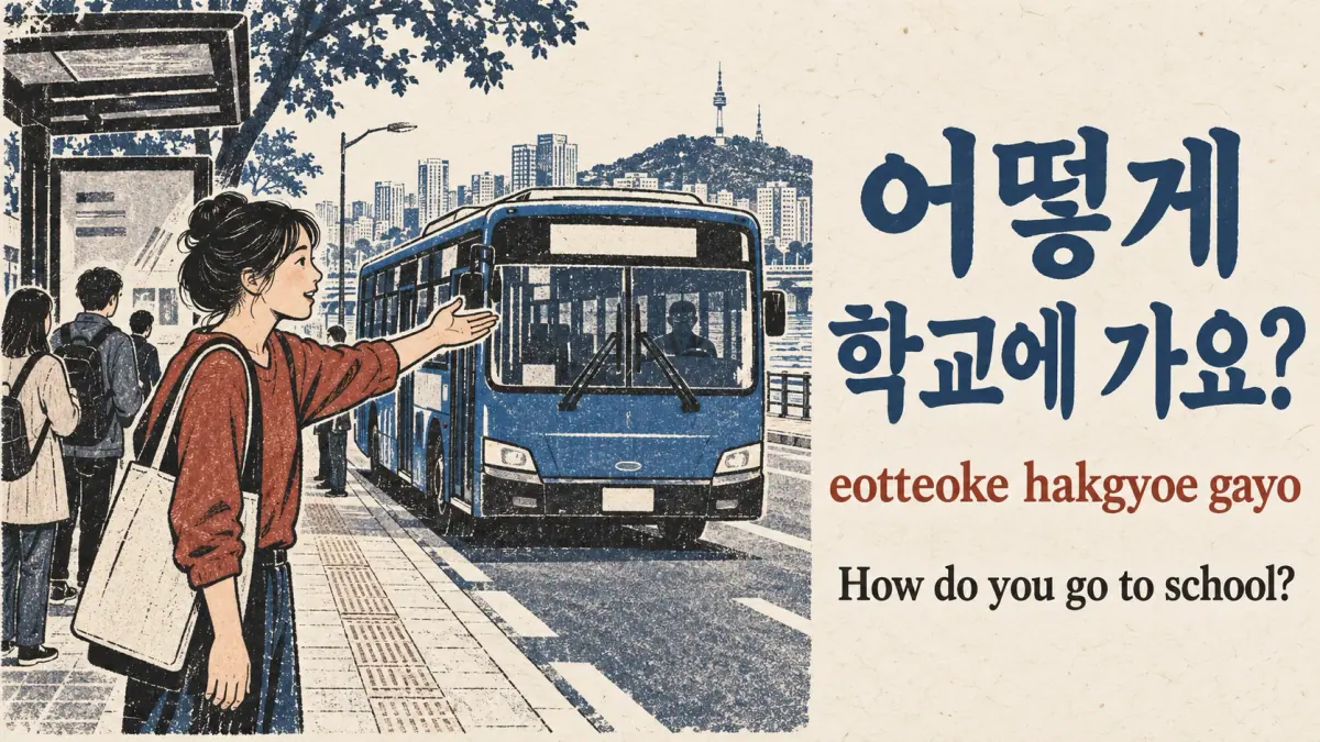 Bus travel illustrates 어떻게 학교에 가요? (eotteoke hakgyoe gayo).