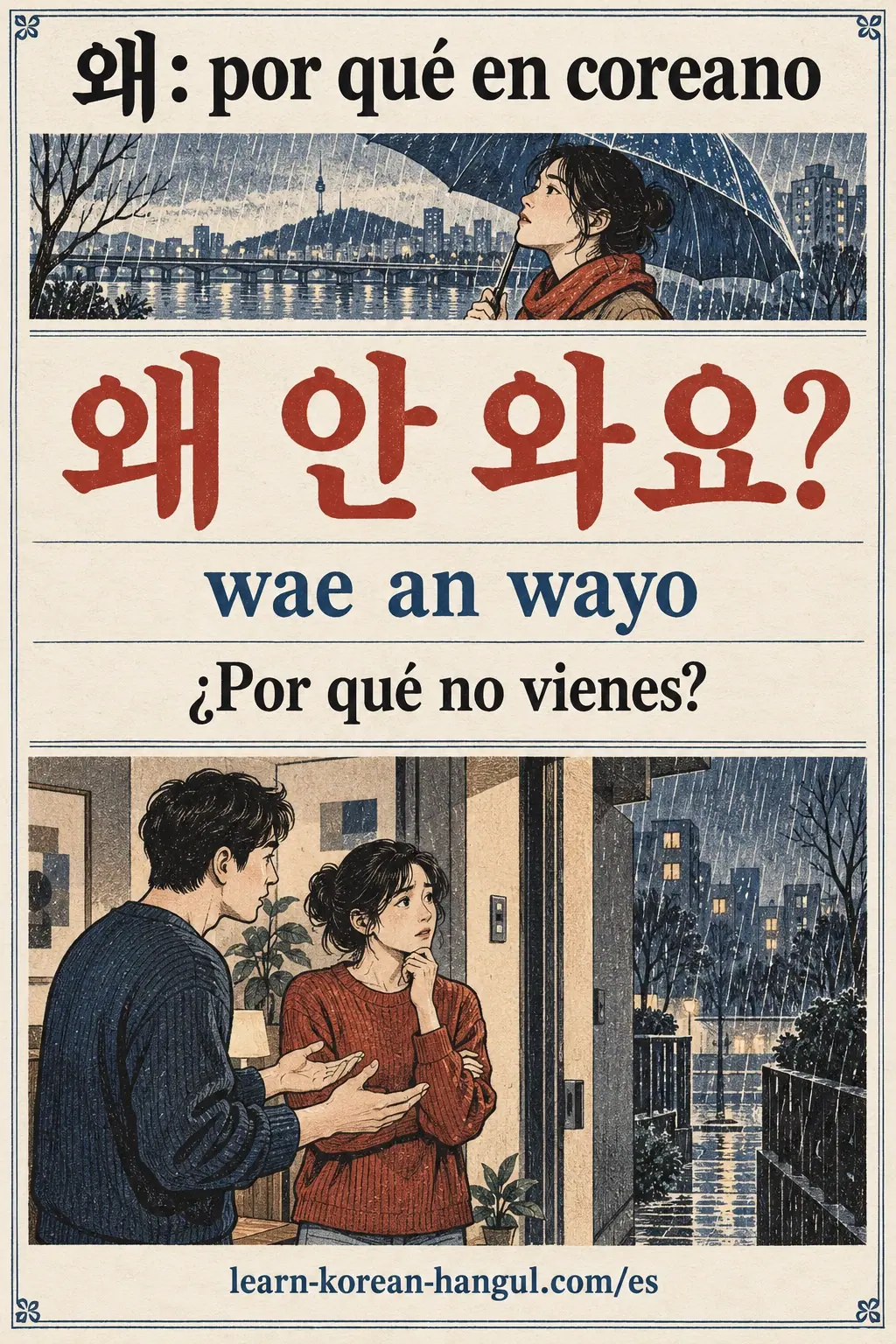 Una puerta bajo la lluvia enseña 왜 안 와요? (wae an wayo), ¿Por qué no vienes?
