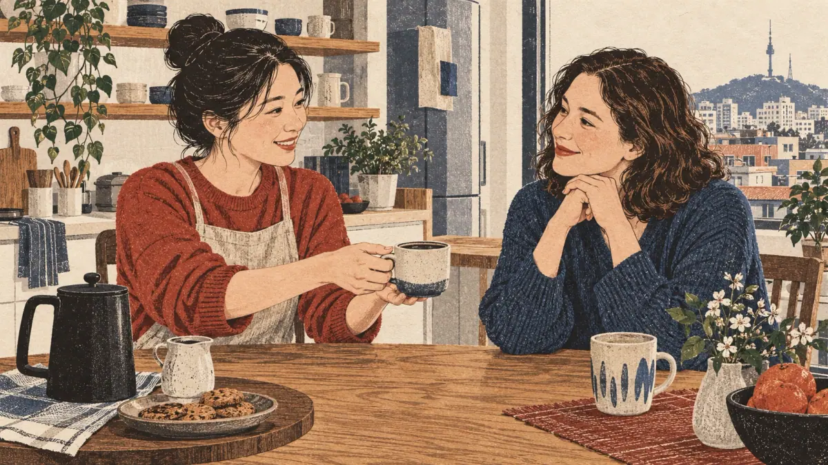 Two adults share coffee and ask for confirmation in a Seoul apartment kitchen.