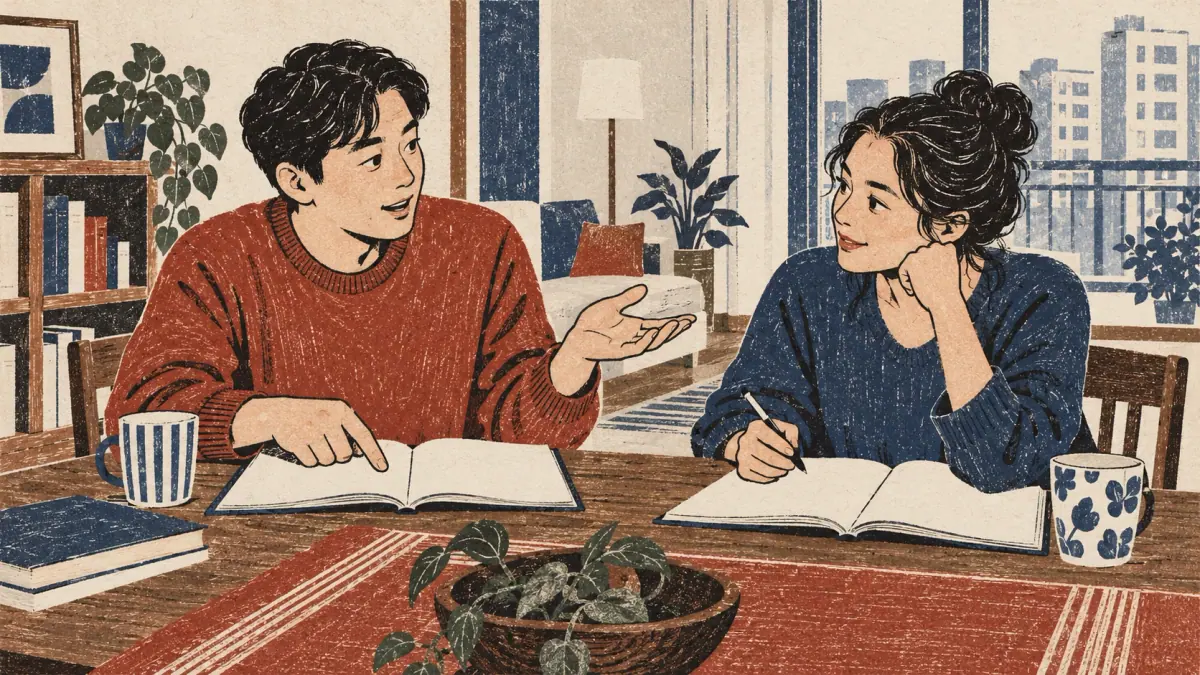 Two learners exchange a confirmation question over blank workbooks at an apartment table.