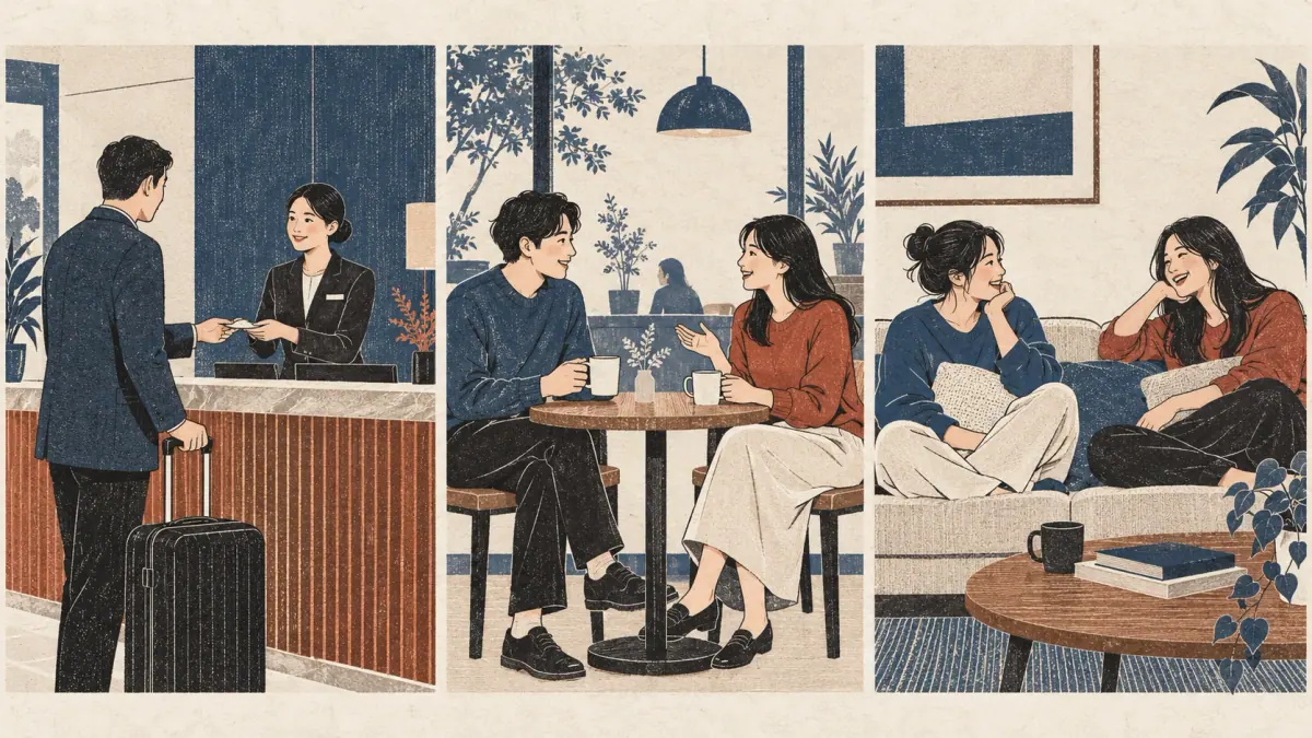 Three scenes show formal service, polite café conversation and casual talk between friends.