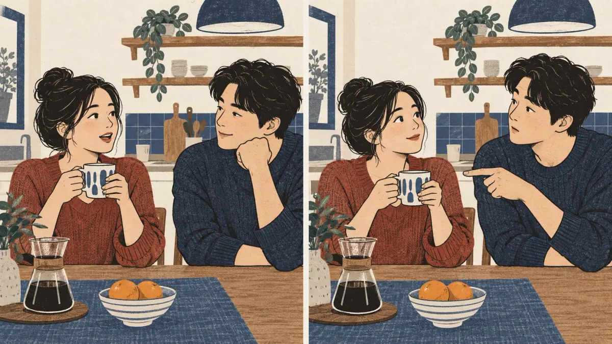Paired coffee scenes show a statement and a question about the same action.