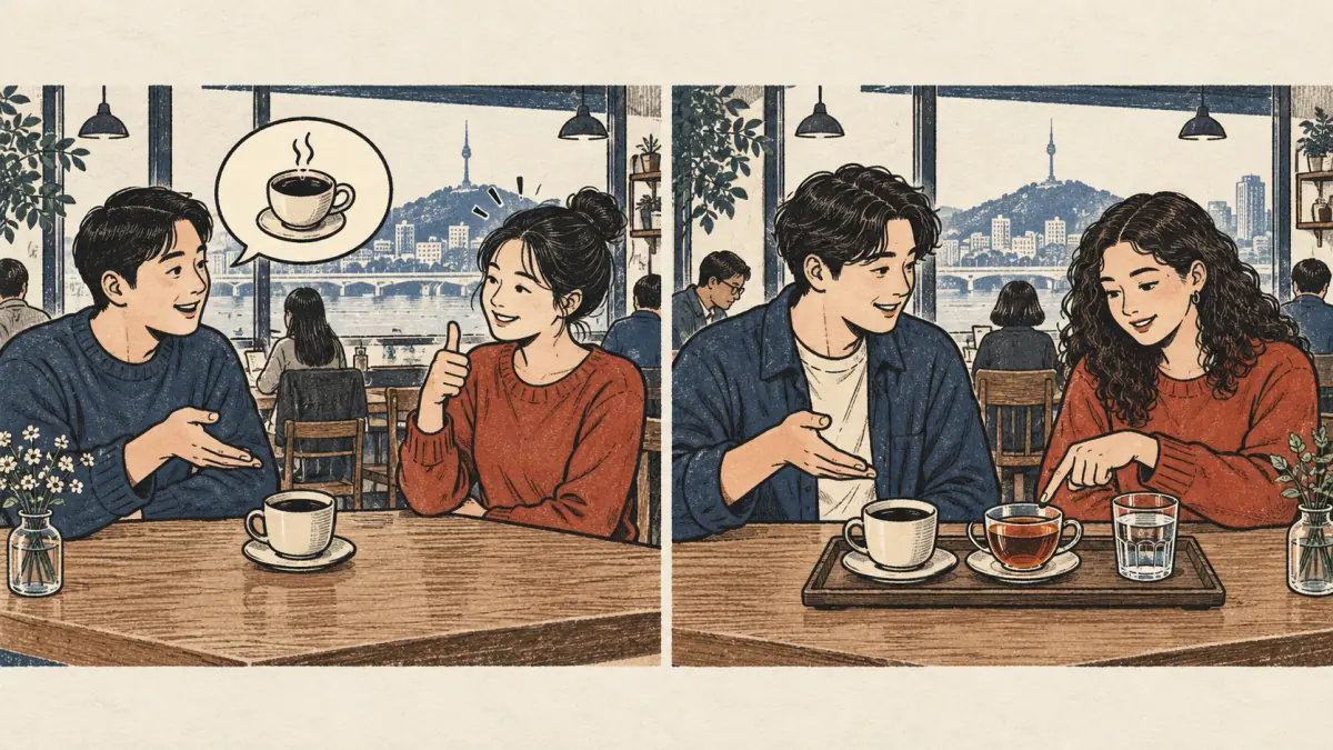 A nod confirms coffee; pointing to tea supplies new information in a paired café scene.