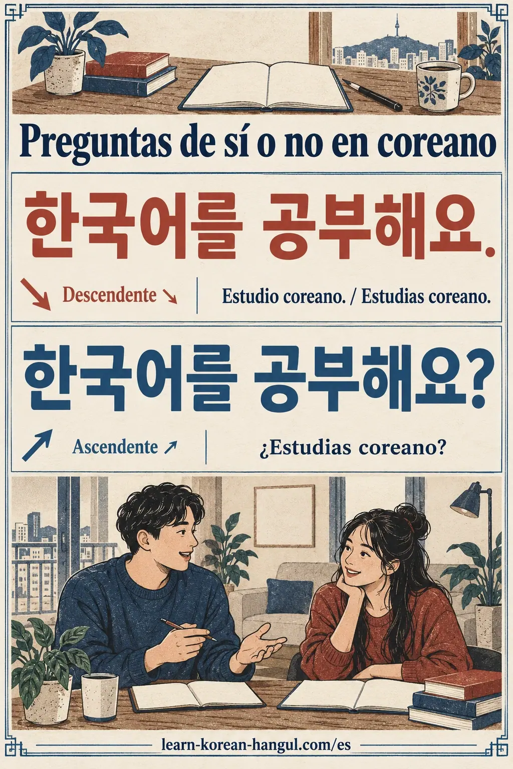 한국어를 공부해요. y 한국어를 공부해요? comparan afirmación y pregunta con sus sentidos en español.