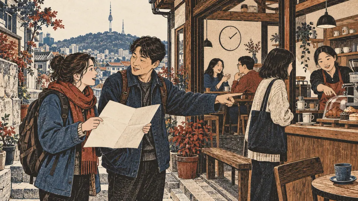 Learners ask everyday questions in a Seoul café and street.