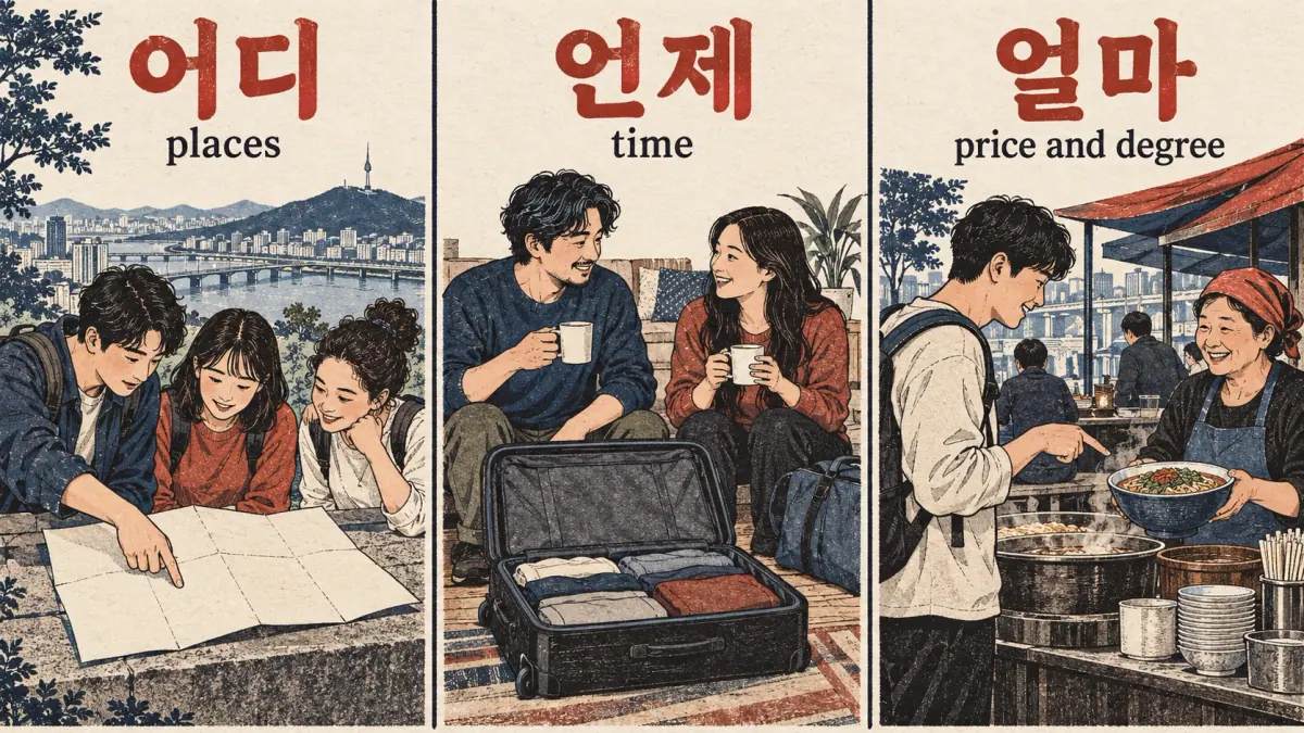 어디 marks places, 언제 marks time and 얼마 marks price and degree in three illustrated situations.