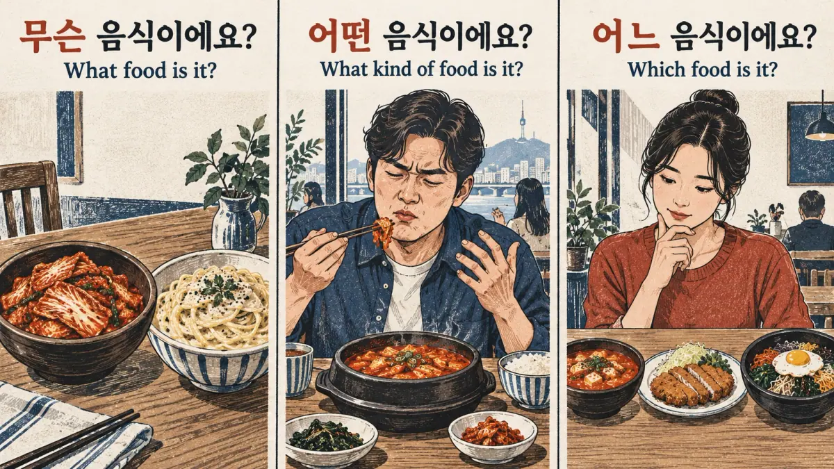Food scenes compare 무슨 음식이에요?, 어떤 음식이에요? and 어느 음식이에요?.