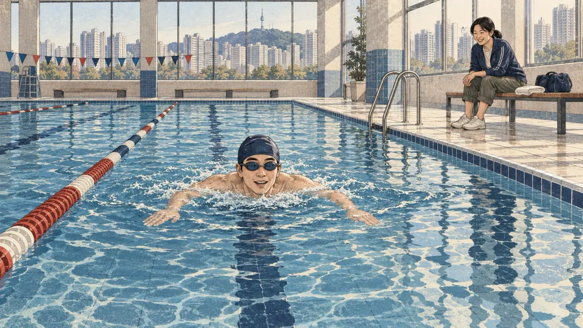An adult swimmer confidently crosses a Seoul community pool while a friend watches from the edge.