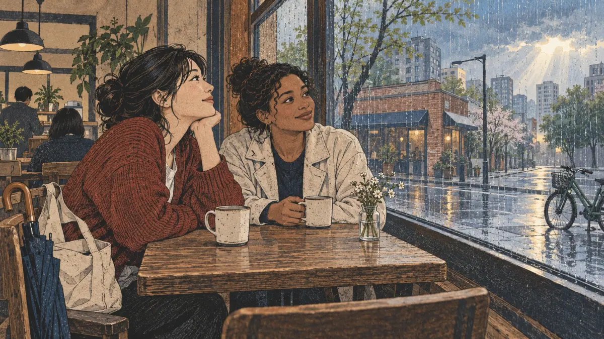 Two friends in a Seoul café look hopefully at the rain outside, with an umbrella ready for their outing.