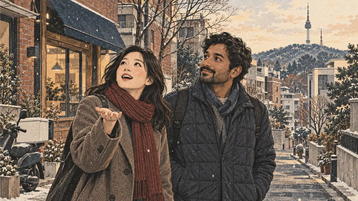 Two adults on a Seoul neighborhood street notice the first snowflakes with delighted surprise.