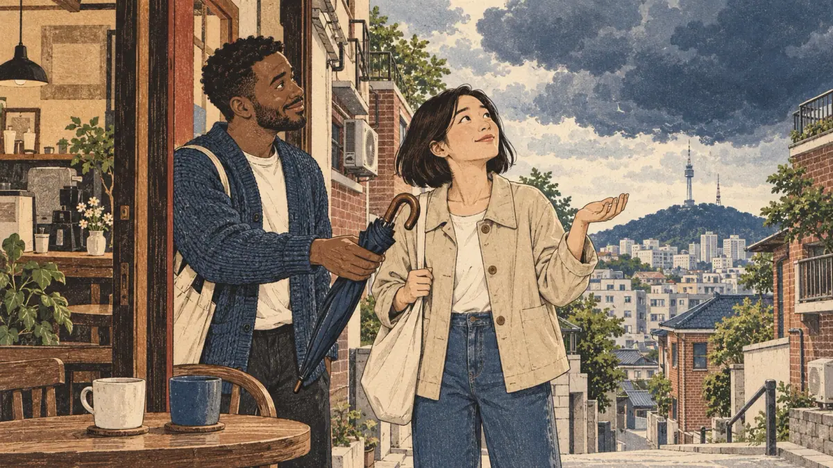 Two friends consider gathering rain clouds outside a Seoul café, one offering an umbrella.