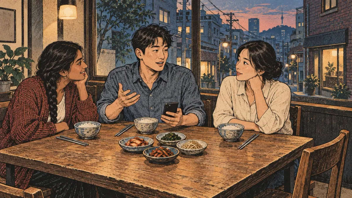 A friend relays a phone conversation to two companions at a Seoul restaurant table.