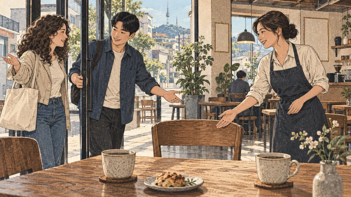 A guest asks for help while a café host offers a seat and a companion suggests lunch together in Seoul.