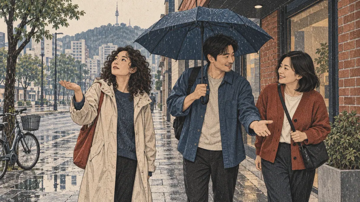 Friends suggest walking together as they notice rain beginning on a Seoul street.