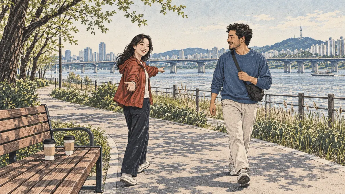 Una amiga cercana invita con un gesto a su compañero a caminar juntos junto al río Han en Seúl.