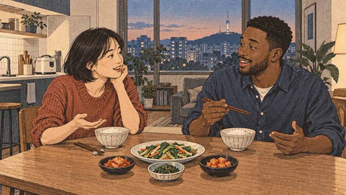 Two close friends chat casually while sharing a meal in a Seoul apartment.