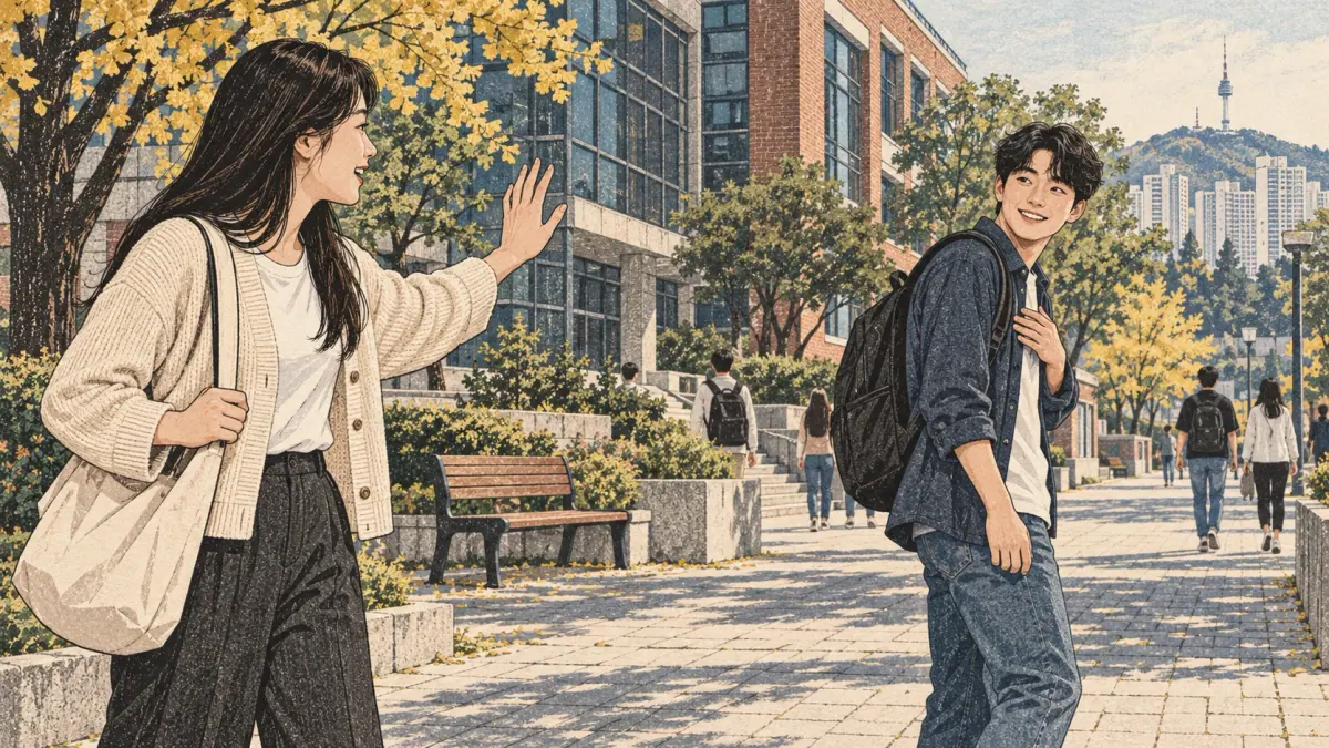 A young woman calls to her close friend as he turns toward her on a Seoul university campus.