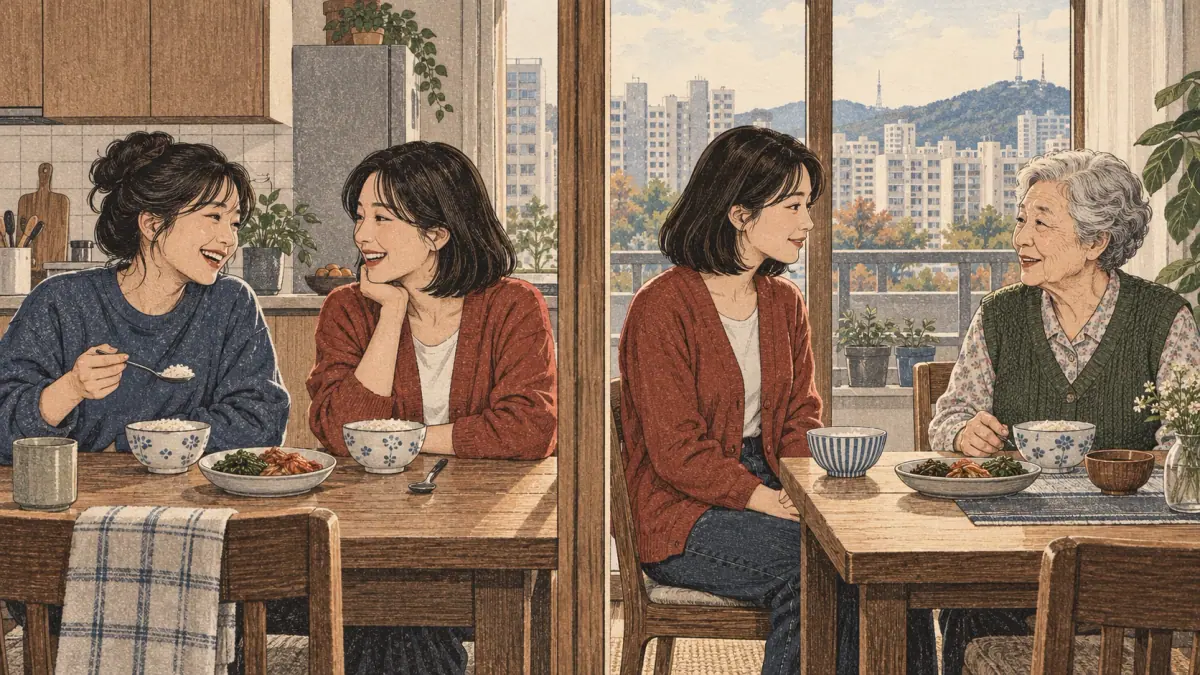 Paired scenes show relaxed conversation between friends and attentive conversation with a grandmother in Seoul.