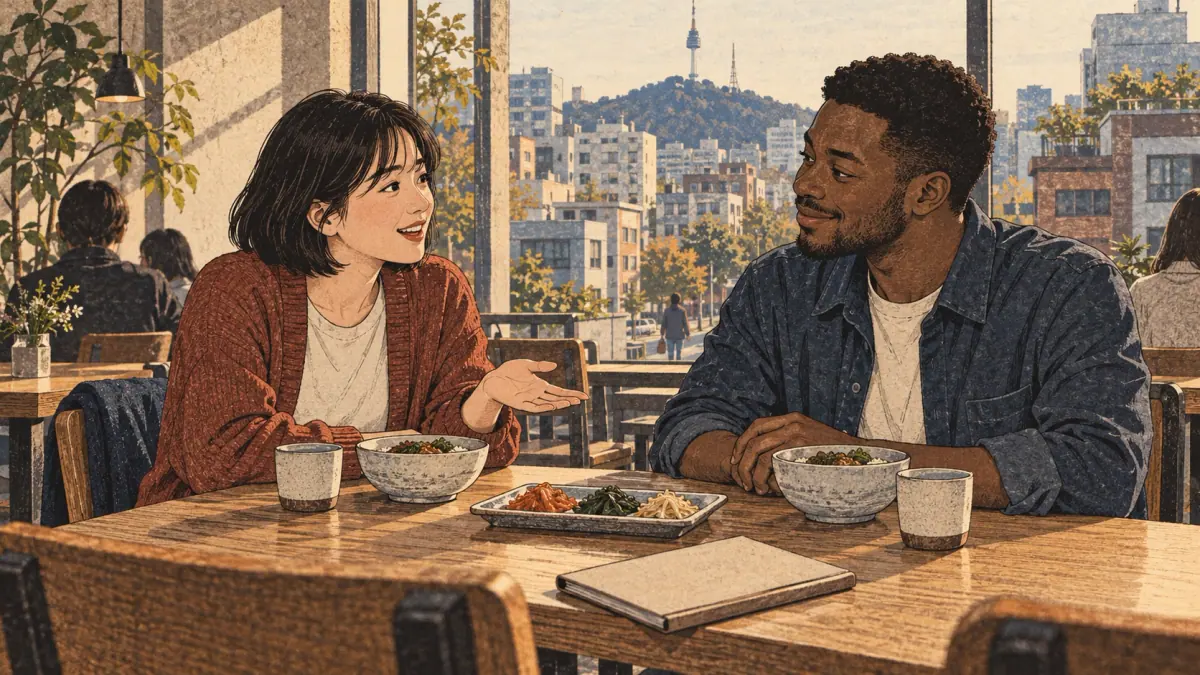 Two same-age friends agree to speak casually over lunch in a Seoul café.