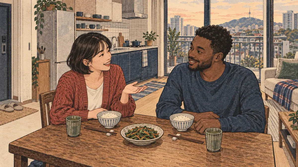 Two close adult friends chat comfortably over a meal in a Seoul apartment.