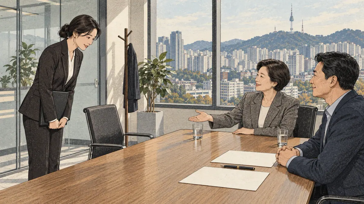 A job candidate greets two interviewers formally in a Seoul office.