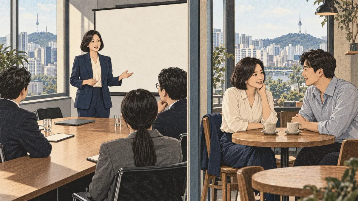 The same professional gives a formal presentation and chats politely with a colleague over coffee in Seoul.