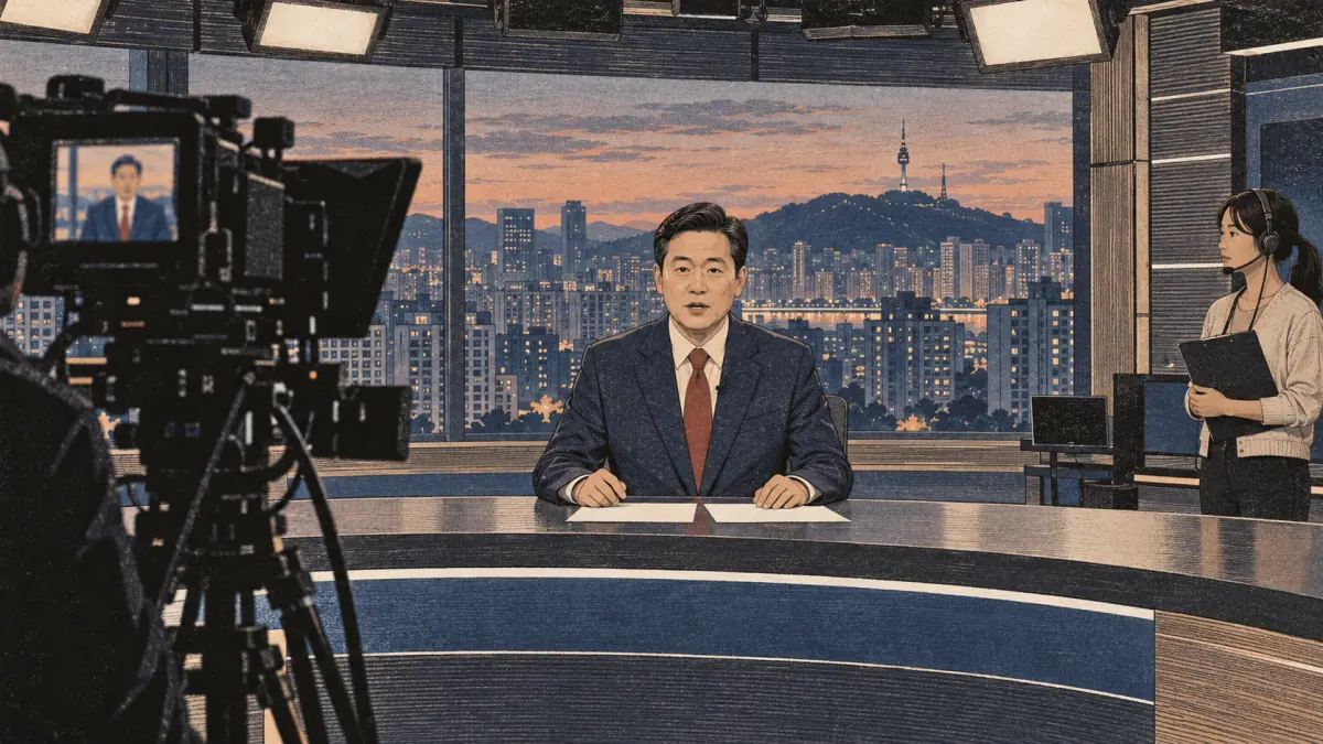 A Korean news presenter delivers a formal broadcast in a contemporary Seoul studio.