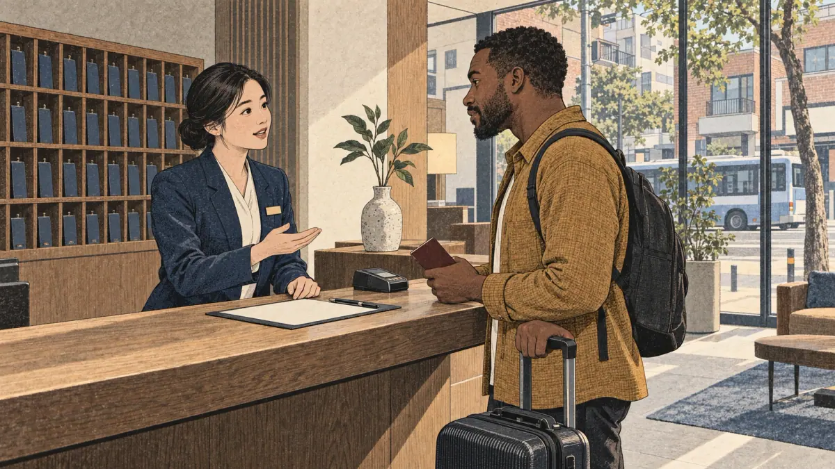 A Seoul hotel receptionist asks a guest a respectful formal question at the front desk.