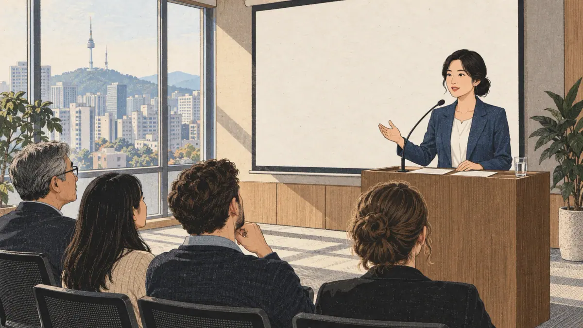 A presenter uses formal Korean while addressing an attentive audience in Seoul.
