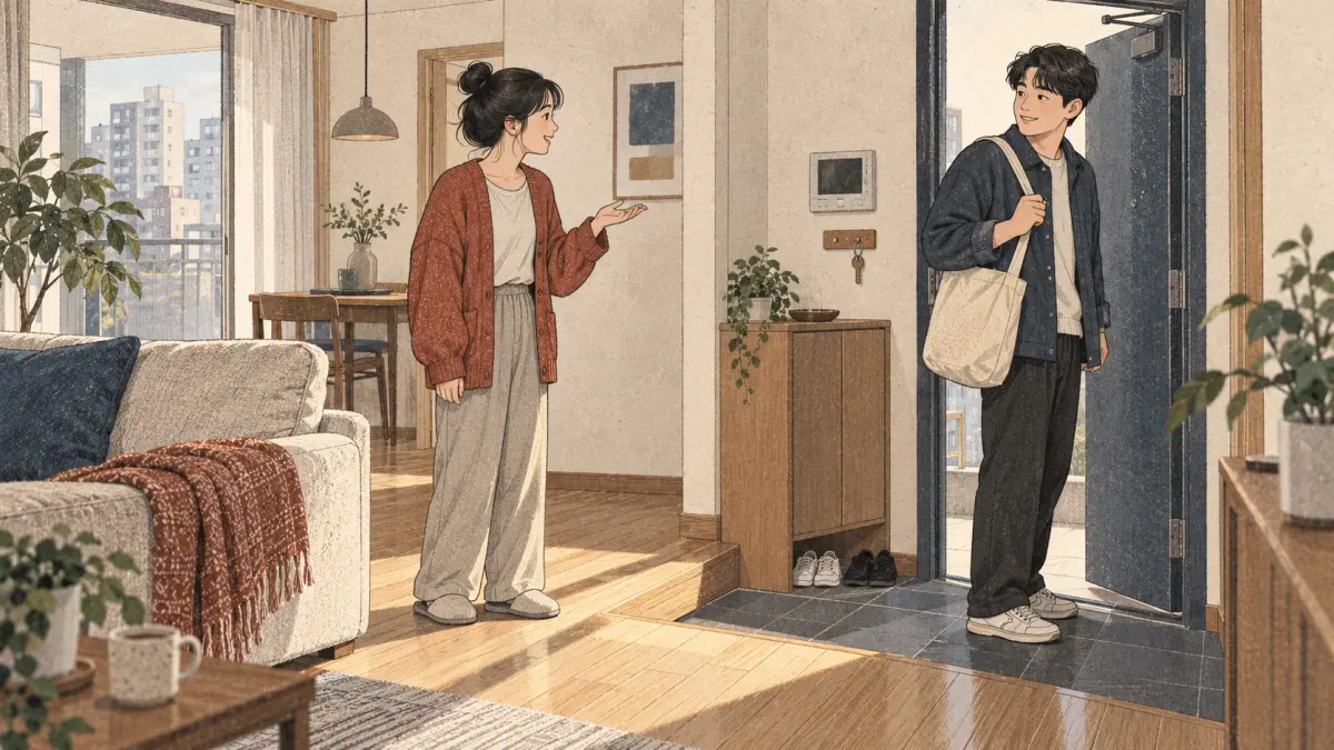 A younger woman calls to her older brother as he prepares to leave their Seoul apartment.