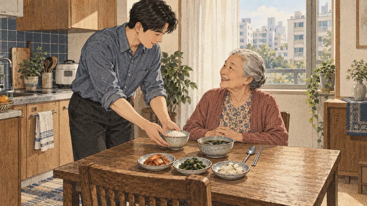 A young adult serves a Korean meal to his grandmother at her Seoul home.