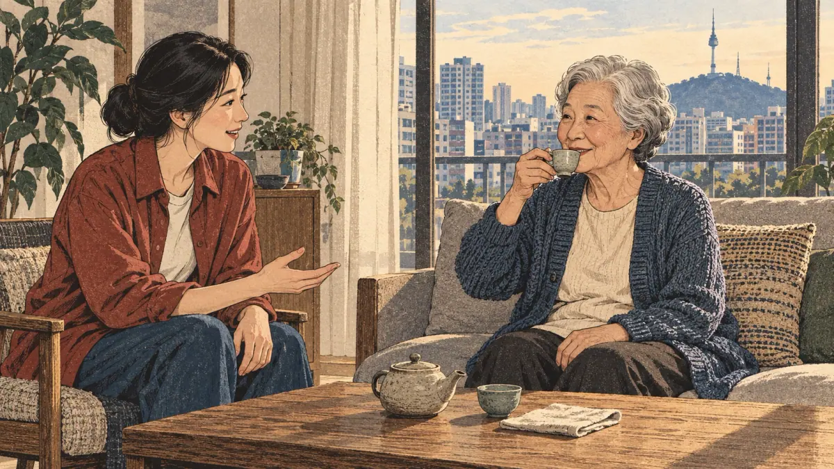 A grandmother drinks tea while her adult granddaughter speaks respectfully in a Seoul apartment.