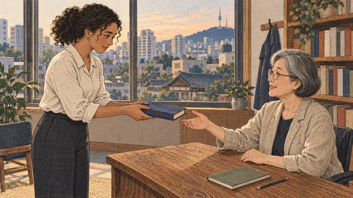 An adult learner respectfully gives a book to her older teacher in a Seoul learning center.