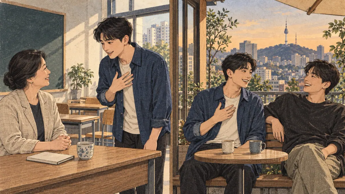 A young adult introduces himself politely to a teacher and casually to a close friend in Seoul.