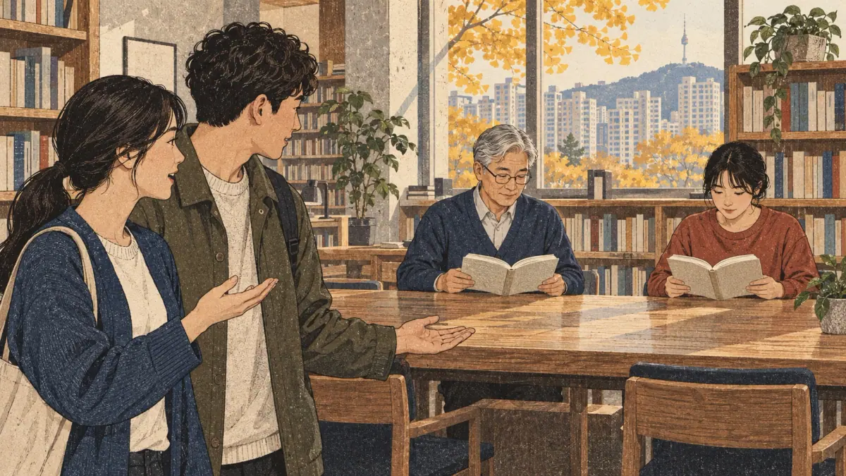 An older teacher and a young classmate read books while two learners discuss them in a Seoul library.