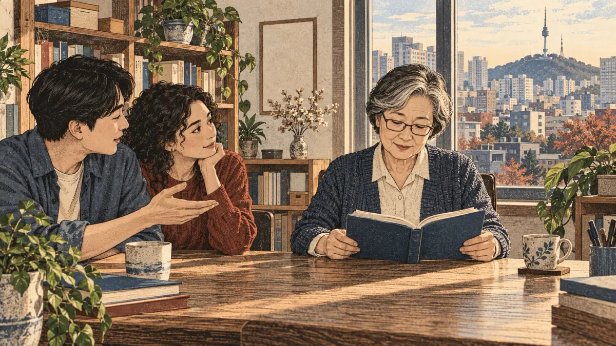 An older Korean teacher reads a book while two adult learners respectfully discuss her reading, illustrating subject honorific -(으)시- (si).
