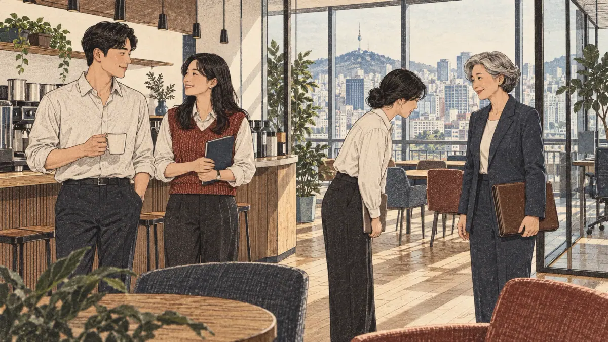 Two Korean coworkers greet each other while another employee respectfully greets a senior manager, illustrating 씨 (ssi) and 님 (nim).
