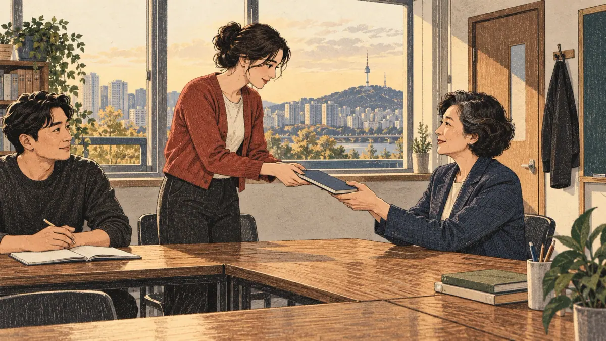 An adult learner respectfully hands a notebook to a Korean teacher in a Seoul classroom.