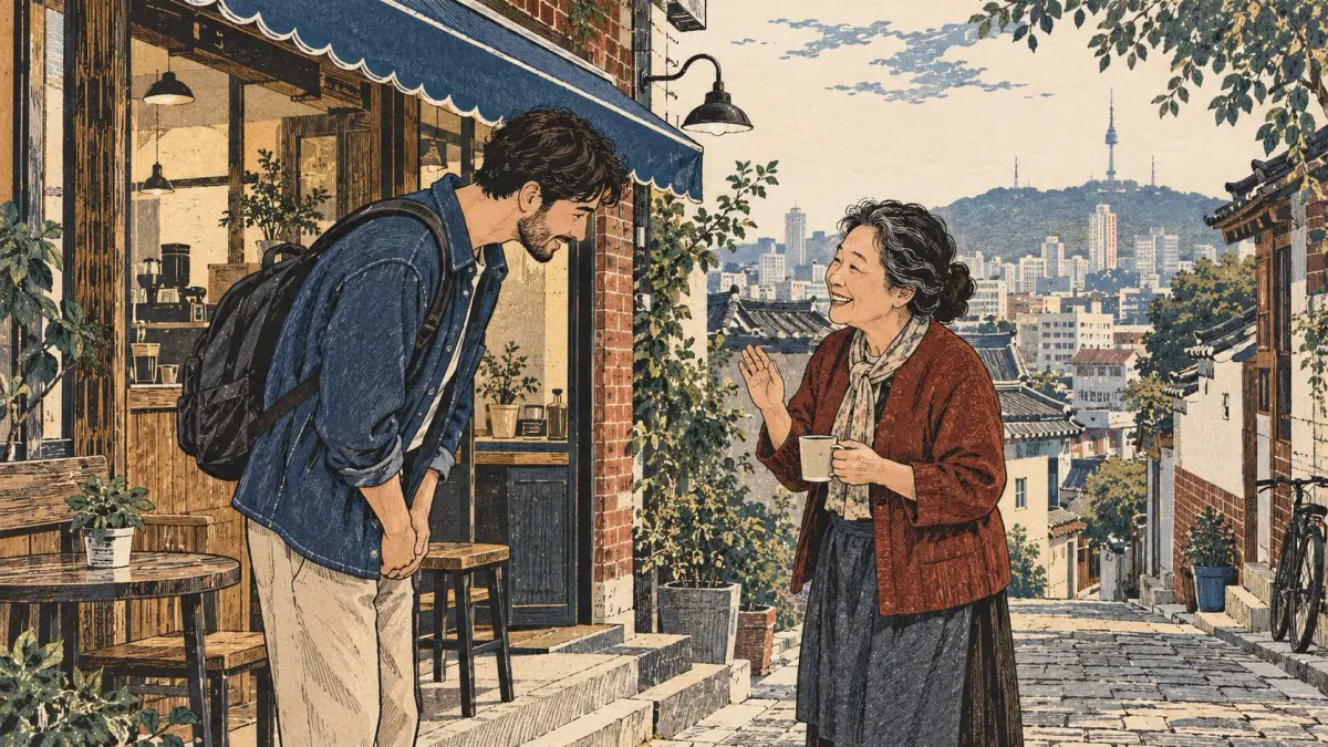 An adult learner greets an older Korean neighbor outside a Seoul café with a respectful bow.