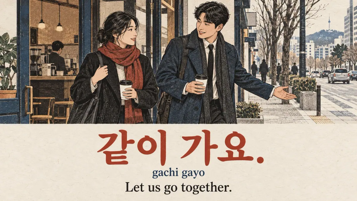 Colleagues leave a café: 같이 가요. (gachi gayo), Let us go together.