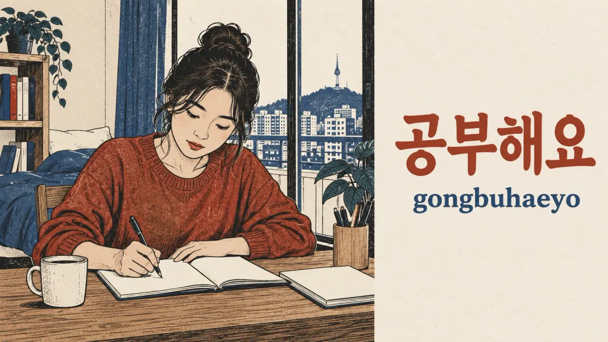 A learner studies at a desk beside 공부해요 (gongbuhaeyo), the polite study form.