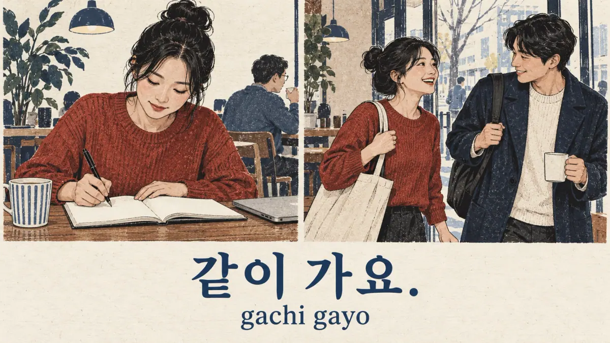 A learner practices then invites a colleague: 같이 가요. (gachi gayo).