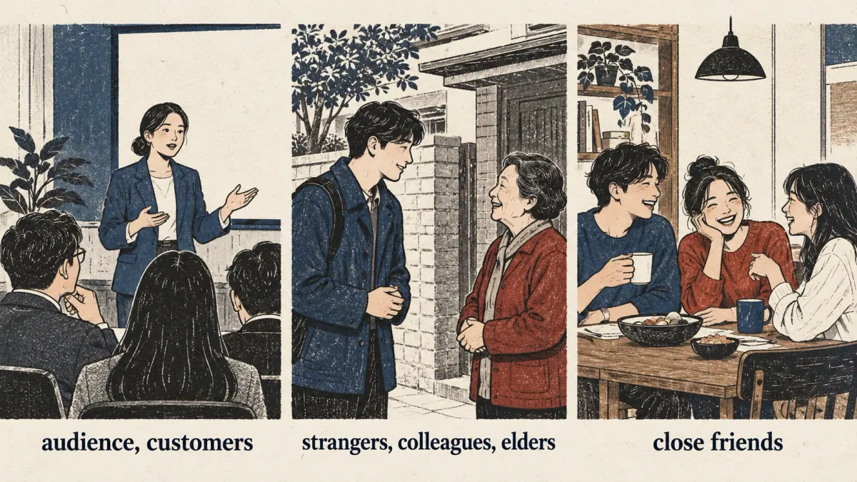 Three scenes show an audience, respectful neighbors and close friends as typical listeners.