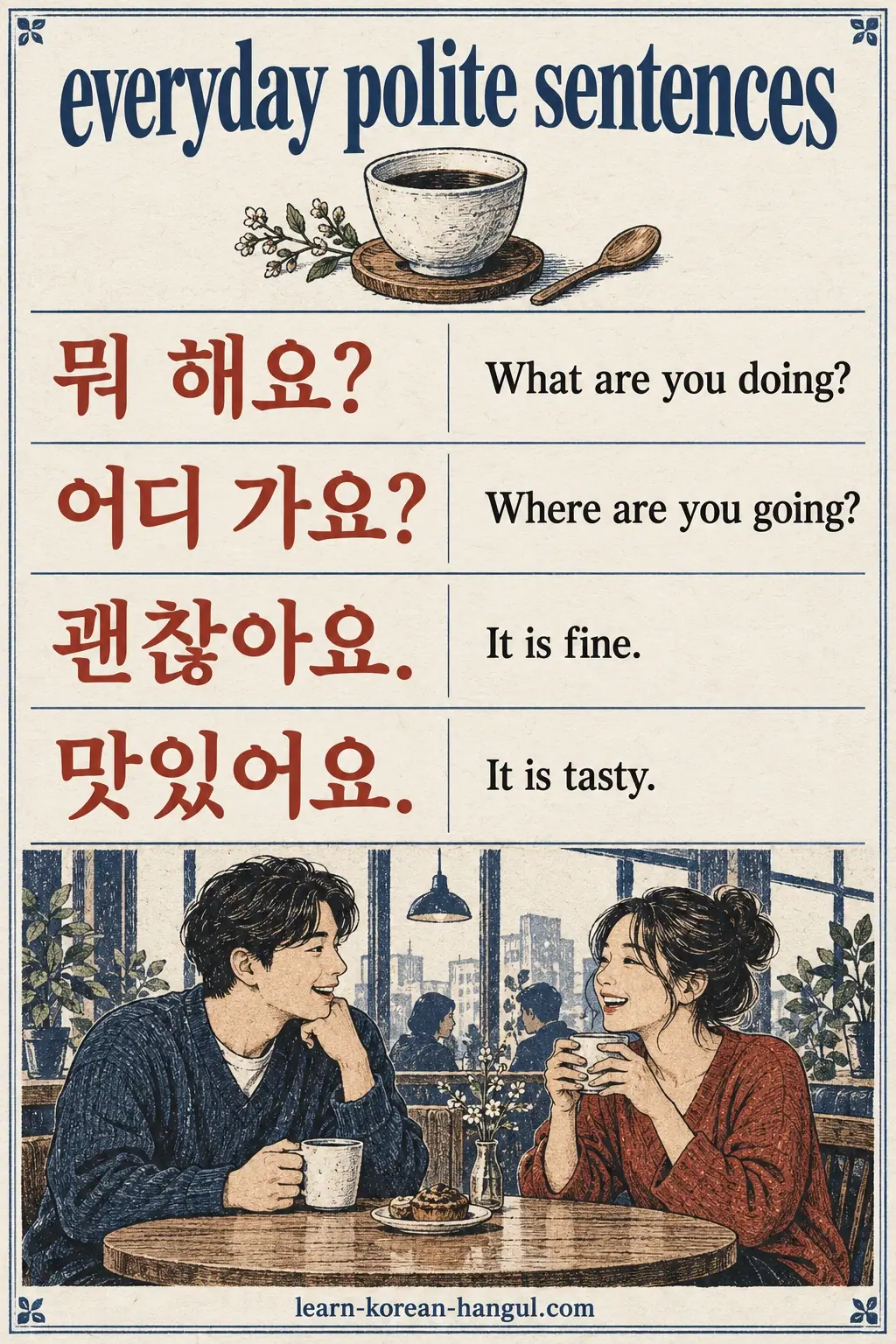 Cafe pin with 뭐 해요?, 어디 가요?, 괜찮아요. and 맛있어요. paired with English meanings.