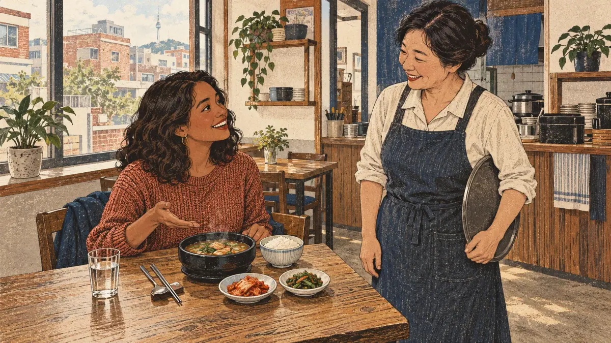 An adult learner thanks a Korean café owner and warmly comments on her meal, illustrating natural mixing of formal -ㅂ니다 and polite -요.