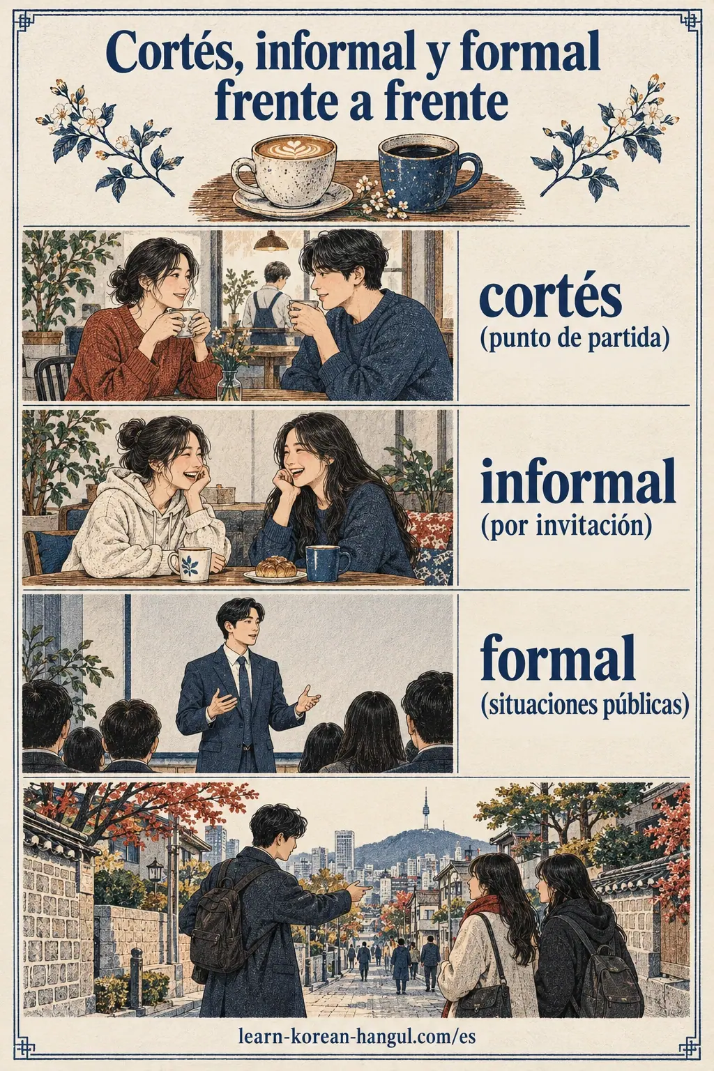 Comparación de trato cortés en una cafetería, informal entre amigos y formal en una presentación.